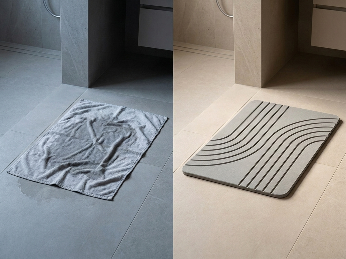 A damp crumpled fabric bath mat beside the dry TOSORO stone mat