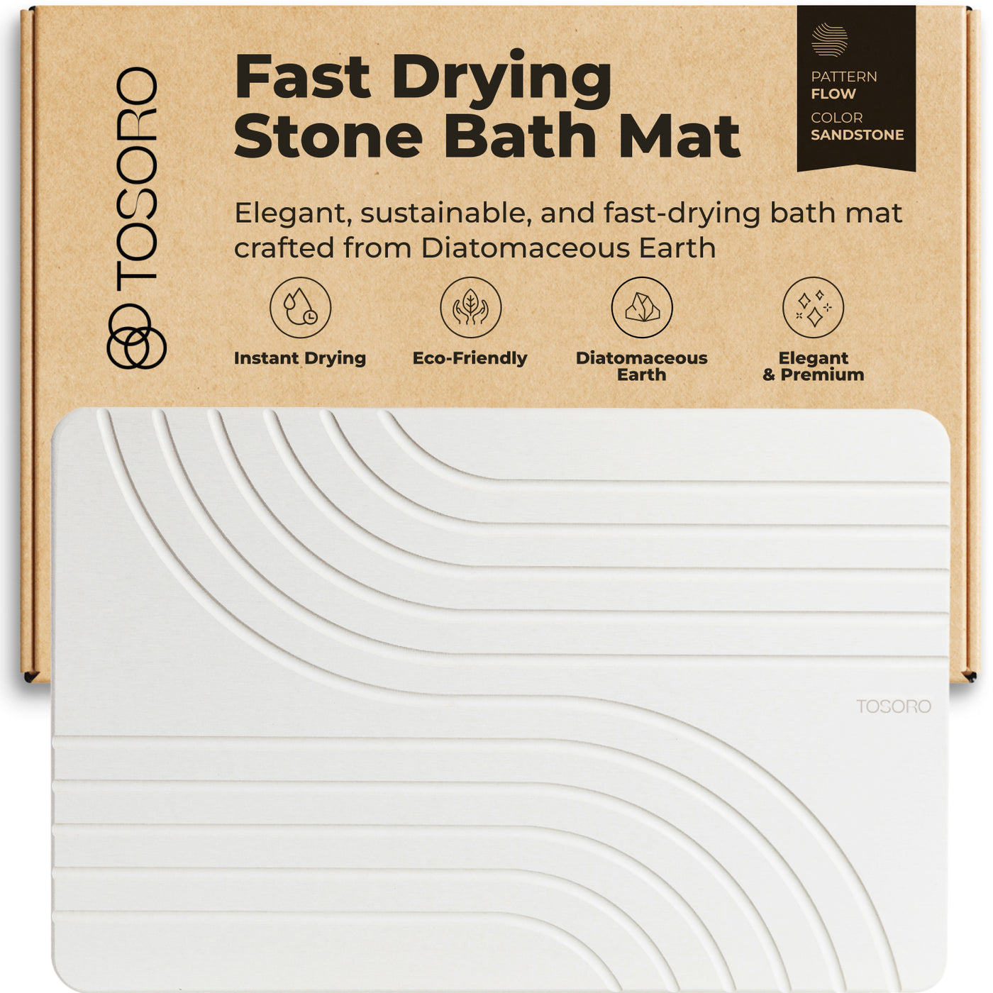 TOSORO Flow Sandstone stone bath mat with its packaging — our best seller